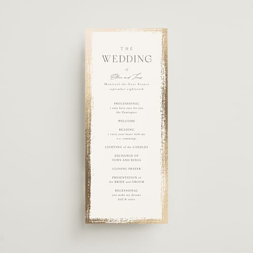 This is a silk unique wedding programs with foil pressed by Kelly Schmidt called brushed edge printing on signature in 4x9