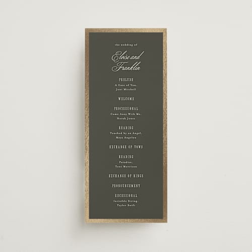 This is a graphite unique wedding programs with foil pressed by Everett Paper Goods called hillside printing on signature in 4x9