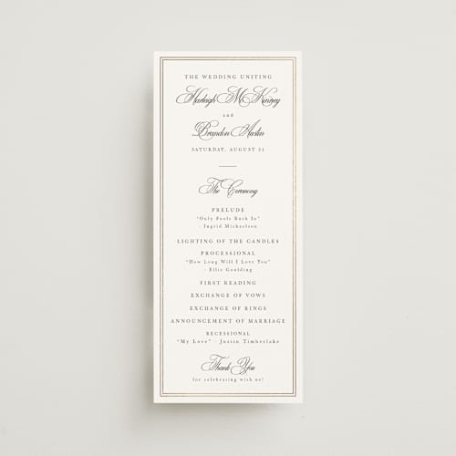 This is a snow unique wedding programs with foil pressed by Sarah Brown called traditionalist printing on signature in 4x9