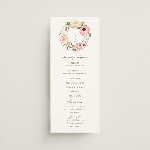This is a peony unique wedding programs with foil pressed by Susan Moyal called timeless blooms printing on signature in 4x9