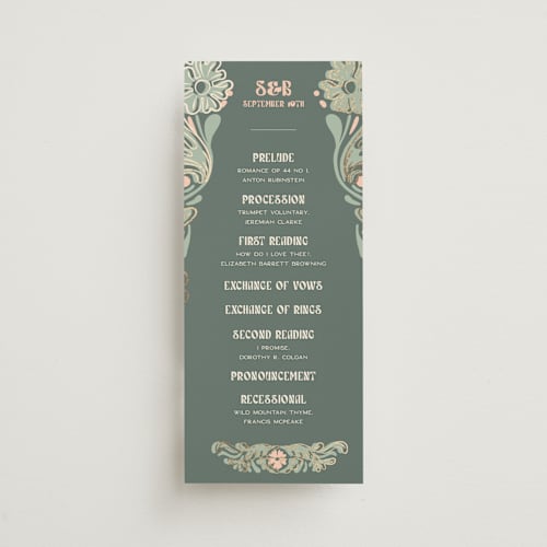 This is a sage unique wedding programs with foil pressed by GeekInk Design called nouveau frame printing on signature in 4x9