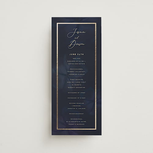 This is a jewel unique wedding programs with foil pressed by Susan Moyal called after midnight printing on signature in 4x9