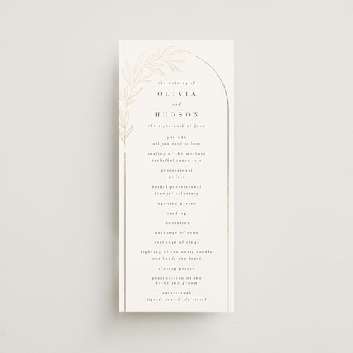 This is a ink unique wedding programs with foil pressed by Kristie Kern called bianca printing on signature in 4x9