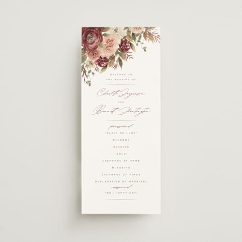 This is a peony unique wedding programs with foil pressed by Wildfield Paper Co called romantic frame printing on signature in 4x9