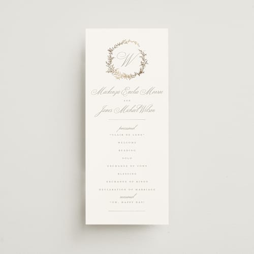 This is a chantilly unique wedding programs with foil pressed by Wildfield Paper Co called romantic wreath printing on signature in 4x9