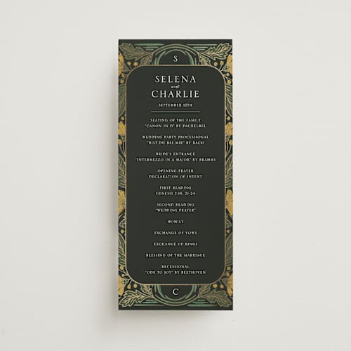 This is a buttercup unique wedding programs with foil pressed by Jen Owens called embellished printing on signature in 4x9