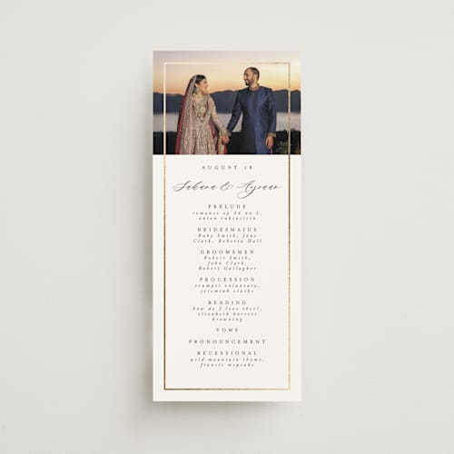 This is a pearl unique wedding programs with foil pressed by Nicole Walsh called gilded frame printing on signature in 4x9