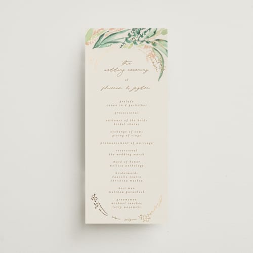 This is a greenery unique wedding programs with foil pressed by Phrosné Barwood called fresh tropical printing on signature in 4x9