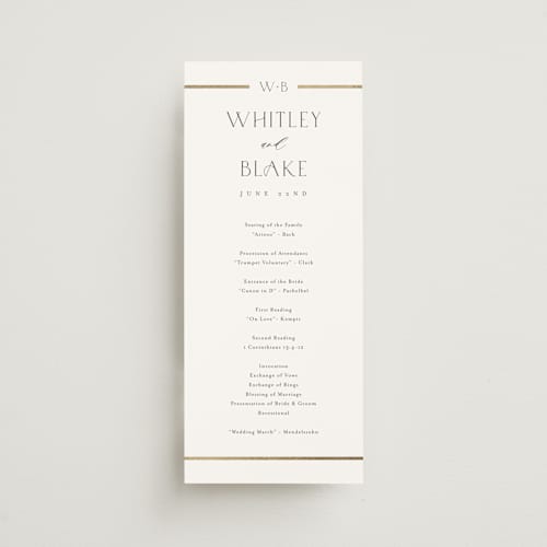 This is a cotton unique wedding programs with foil pressed by Stacey Meacham called luster printing on signature in 4x9
