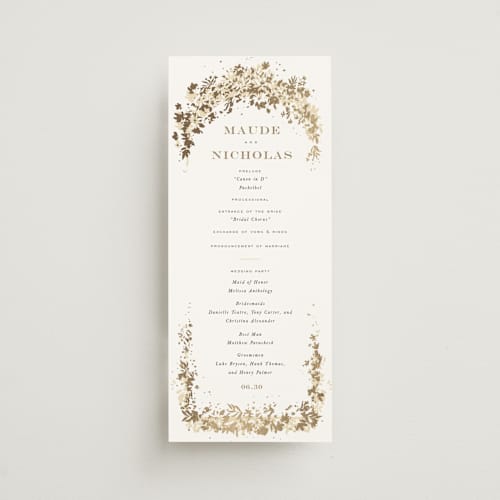 This is a honeysuckle unique wedding programs with foil pressed by Leah Bisch called heritage printing on signature in 4x9