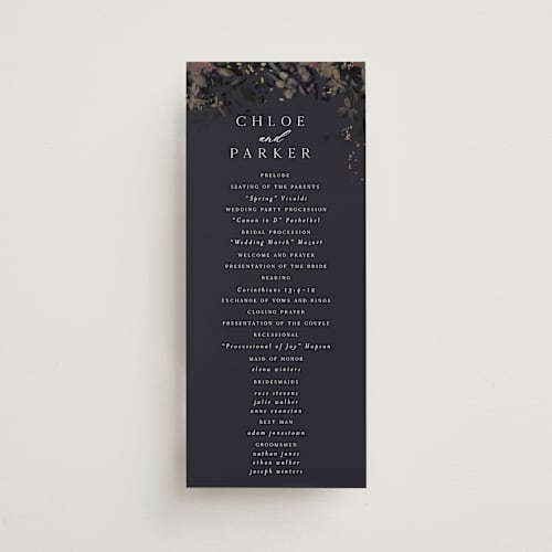 This is a midnight unique wedding programs with foil pressed by Grace Kreinbrink called vintage rose garden printing on signature in 4x9