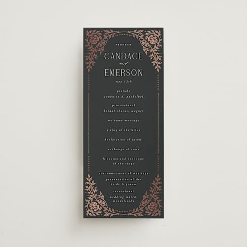 This is a onyx unique wedding programs with foil pressed by Ana de Sousa called gilded nouveau frame printing on signature in 4x9