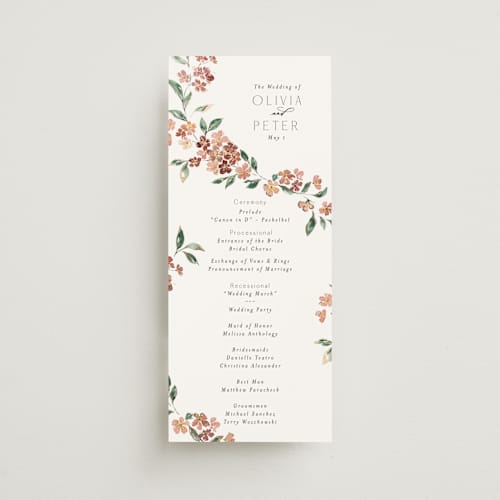 This is a dusty rose unique wedding programs with foil pressed by Itsy Belle Studio called sweeping vine printing on signature in 4x9