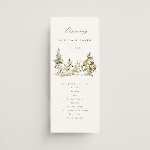 This is a forest unique wedding programs with foil pressed by Petra Kern called great outdoors printing on signature in 4x9