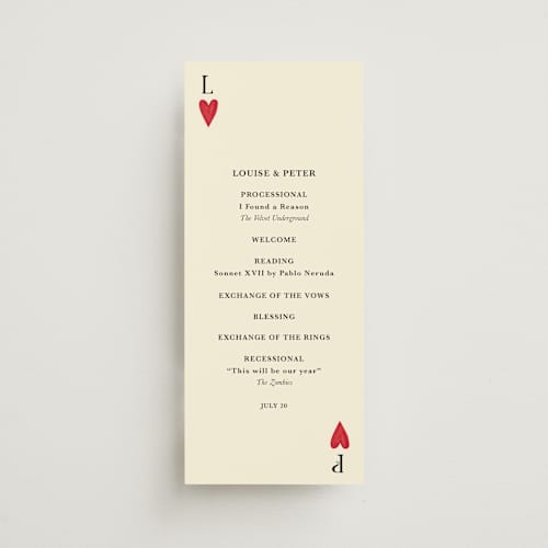 This is a champagne unique wedding programs with standard by Helena Vitto called red hearts printing on signature in 4x9