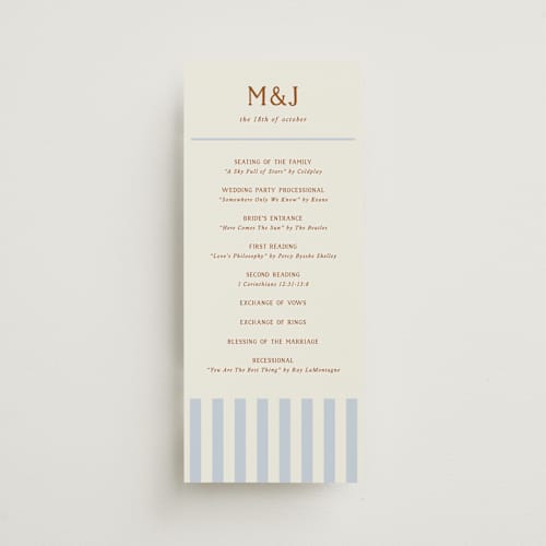 This is a wave unique wedding programs with standard by Kelly Watkins called stripes printing on signature in 4x9