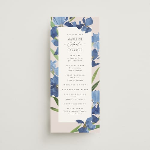 This is a natural unique wedding programs with standard by Everett Paper Goods called irises printing on signature in 4x9