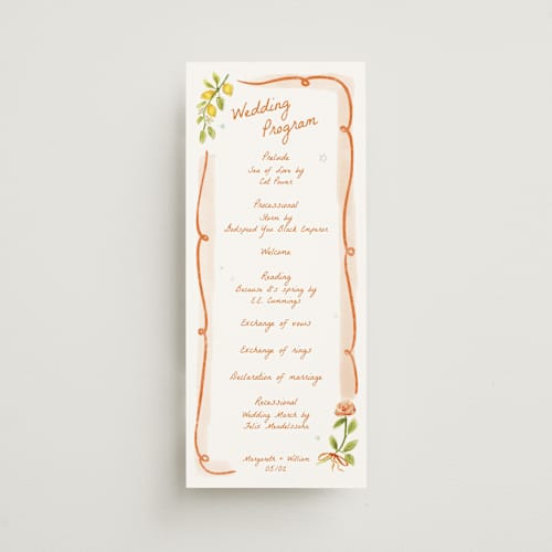 This is a flame unique wedding programs with standard by Pati Cascino called giardino printing on signature in 4x9