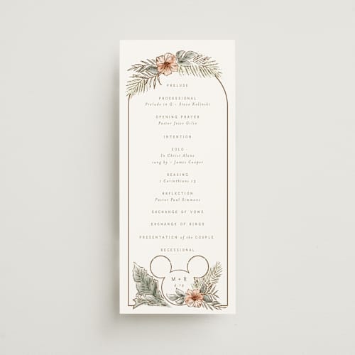 This is a earth unique wedding programs with standard by Shiny Penny Studio called disney's mickey mouse tropical frame printing on signature in 4x9