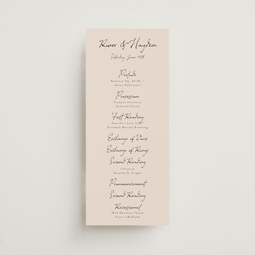 This is a black dahlia unique wedding programs with standard by Cass Loh called tablescape drawing printing on signature in 4x9