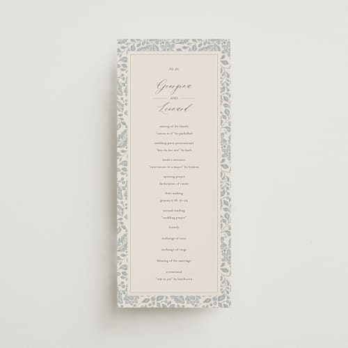 This is a dusty blue unique wedding programs with standard by Jen Owens called embroidered printing on signature in 4x9