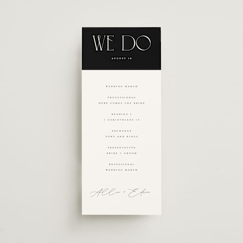 This is a pearl unique wedding programs with standard by Christie Garcia called everly printing on signature in 4x9