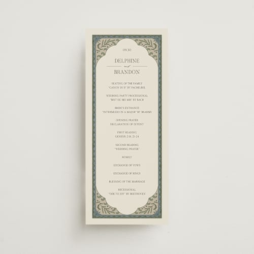 This is a robins egg unique wedding programs with standard by Jen Owens called century printing on signature in 4x9