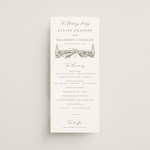 This is a olive unique wedding programs with standard by Sarah Brown called vineyard printing on signature in 4x9