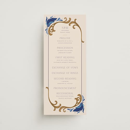 This is a cerulean unique wedding programs with standard by GeekInk Design called gilded printing on signature in 4x9