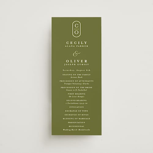 This is a summer unique wedding programs with standard by Angela Marzuki called garland monogram printing on signature in 4x9