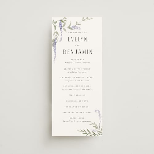 This is a lavender unique wedding programs with standard by Design Lotus called enchanted evening printing on signature in 4x9