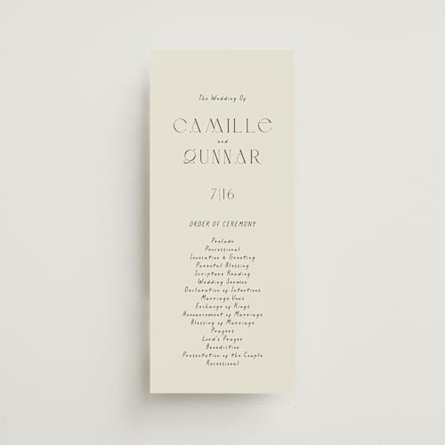 This is a onyx unique wedding programs with standard by Alaina Cherup called la graine printing on signature in 4x9