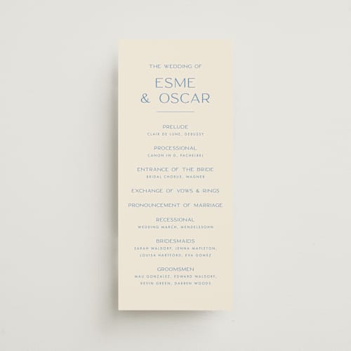 This is a cerulean unique wedding programs with standard by Ellen Schlegelmilch called brooklyn printing on signature in 4x9