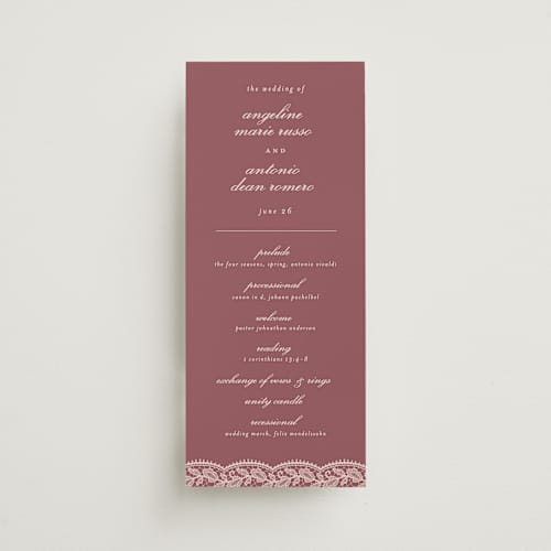 This is a mauve unique wedding programs with standard by Erica Krystek called chantilly printing on signature in 4x9