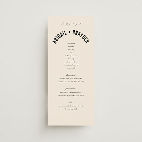 This is a cream unique wedding programs with standard by Pixel and Hank called spin printing on signature in 4x9