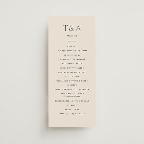 This is a linen unique wedding programs with standard by Vanessa Doyle called in love printing on signature in 4x9