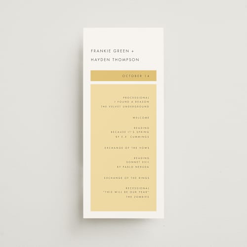 This is a buttercup unique wedding programs with standard by Snow and Ivy called colorfield printing on signature in 4x9