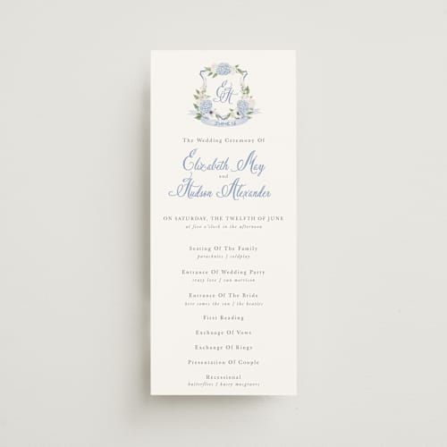 This is a periwinkle unique wedding programs with standard by Design Lotus called sweethearts printing on signature in 4x9