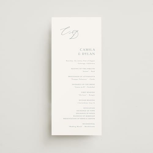 This is a dusty blue unique wedding programs with standard by Jennifer Postorino called graceful printing on signature in 4x9