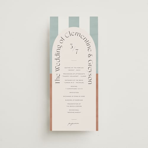 This is a almond unique wedding programs with standard by Blustery August called trois printing on signature in 4x9