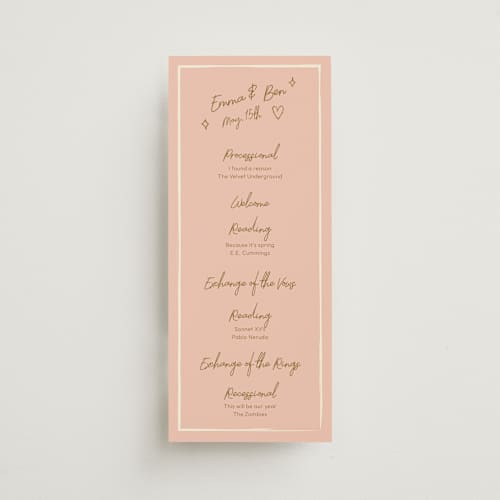 This is a butterscotch unique wedding programs with standard by Helena Vitto called handwritten letter printing on signature in 4x9