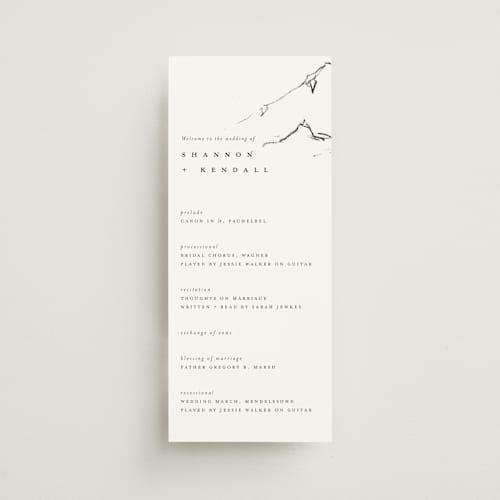 This is a snow unique wedding programs with standard by Mere Paper called sketched mountains printing on signature in 4x9