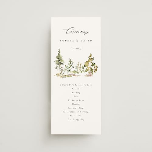 This is a forest unique wedding programs with standard by Petra Kern called great outdoors printing on signature in 4x9