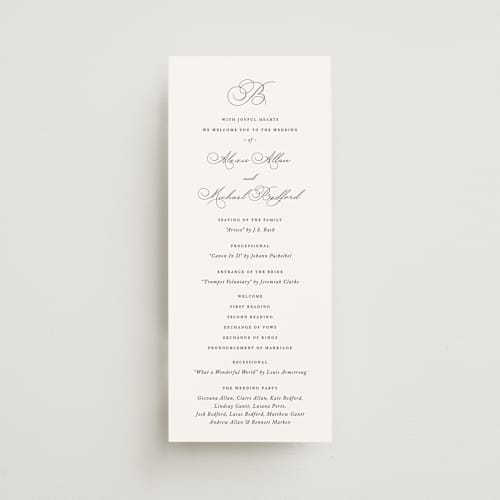 This is a pearl unique wedding programs with standard by Jennifer Postorino called initial printing on signature in 4x9