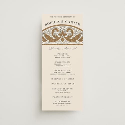 This is a sand unique wedding programs with standard by GeekInk Design called floral mosaic printing on signature in 4x9
