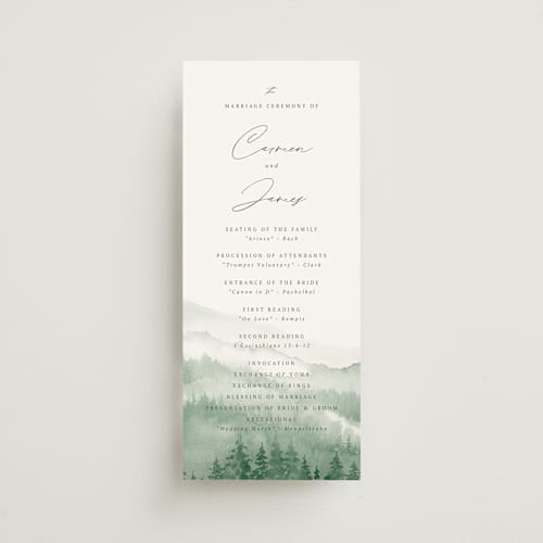 This is a fern unique wedding programs with standard by Helen Halik called over the mountains printing on signature in 4x9