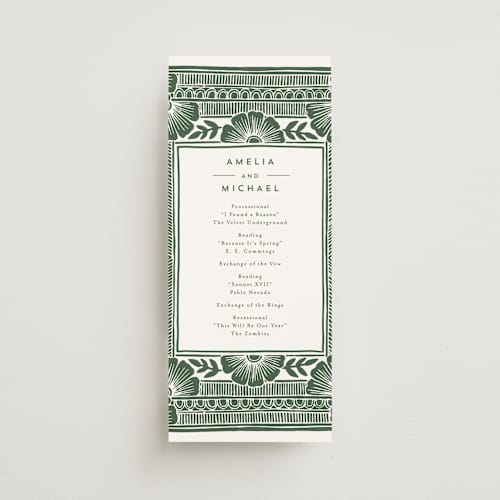 This is a fern unique wedding programs with standard by Katharine Watson called block print frame printing on signature in 4x9