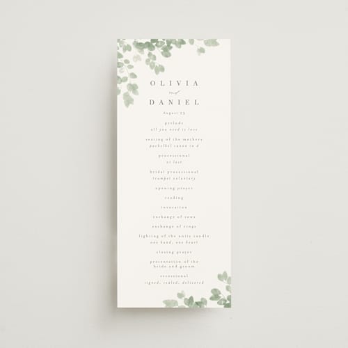This is a eucalyptus unique wedding programs with standard by Kristie Kern called vining printing on signature in 4x9