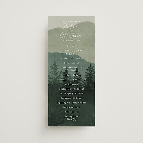 This is a jade unique wedding programs with standard by Elly called the forest printing on signature in 4x9