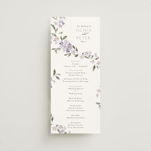 This is a periwinkle unique wedding programs with standard by Itsy Belle Studio called sweeping vine printing on signature in 4x9